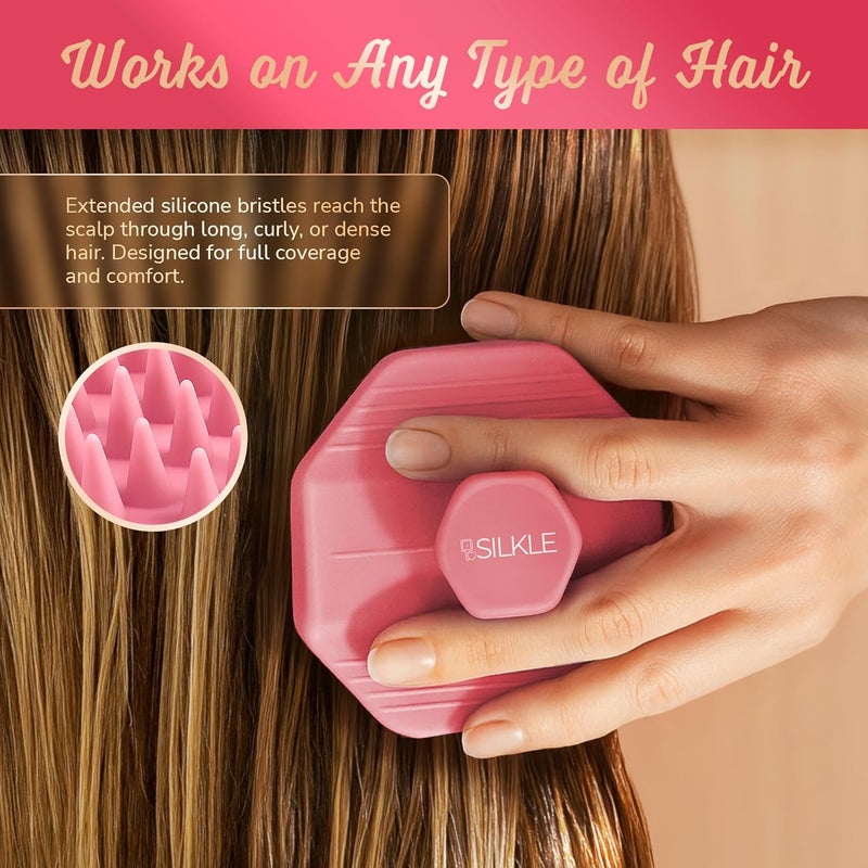 SILKLE Scalp Massager Shampoo Brush – Silicone Scalp Scrubber for Hair Growth & Dandruff Removal, One-Piece, Non-Slip Handle, Soft Bristles, Wet/Dry Shower Scalp Exfoliator for All Hair Types – Pink - Image 3